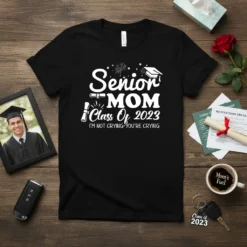 Senior MOM Class Of 2023 T-Shirt with "I'm Not Crying-You're Crying" quote in white typography. Features graduation cap and diploma