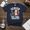 Navy blue t-shirt with white text "SENIOR MOM THE FINAL QUARTER" and football helmet and ball graphic
