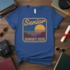 Senior Sunset 2025 t-shirt design with retro sunset graphic and graduation year text