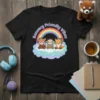 Black t-shirt with "Sensory Friendly Vibes" text above cute red panda, sloth, and fox sitting on a rainbow cloud