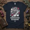Serpentine Blossom T-Shirt featuring a detailed grey dragon surrounded by white and pink lotus flowers, with the text "SERPENTINE BLOSSOM"