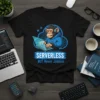 T-shirt design featuring a monkey wearing headphones typing on a keyboard with 'Serverless But Never Jobless' text