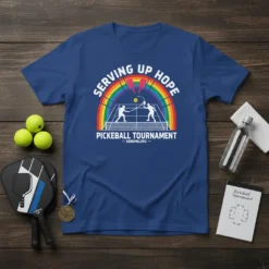 Serving Up Hope Pickleball Tournament T-Shirt with rainbow and players graphic, white text