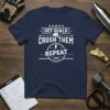 Navy t-shirt with white text "Set Goals Crush Them Repeat" and infinity symbol, representing fitness motivation and workout achievement