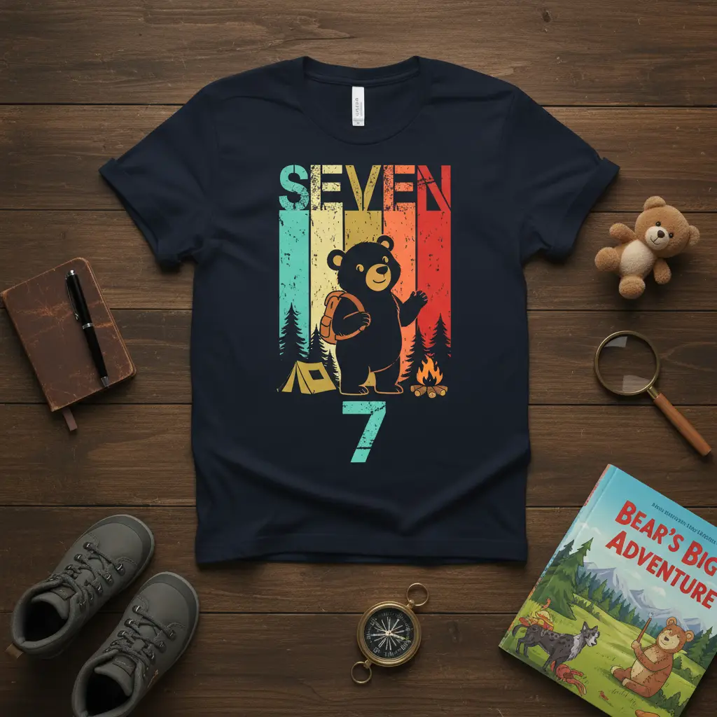 SEVEN 7 birthday t-shirt design featuring a vintage-style bear, campfire, and tent graphic for a seven-year-old's celebration
