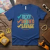 Text "Sexy Sixties Savage" with checkmarks and circles in retro colors on a blue t-shirt