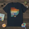 Shade Never Made Anybody Less Gay text with rainbow colors and tropical leaves on a navy t-shirt