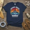 Shaka Brah Hawaii t-shirt design with a retro sunset, mountains, and a shaka hand gesture