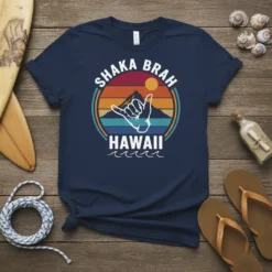 Shaka Brah Hawaii t-shirt design with a retro sunset, mountains, and a shaka hand gesture