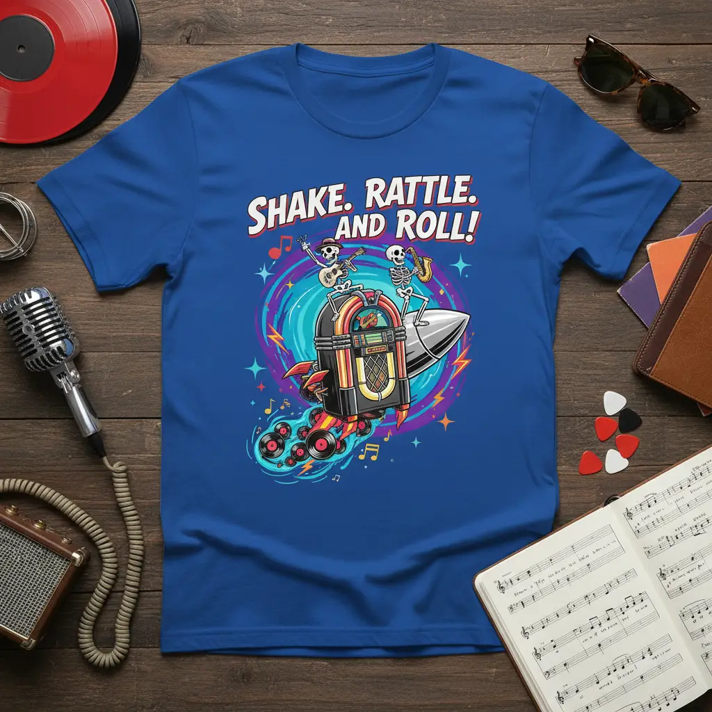 Shake. Rattle. and Roll! Skeleton Jukebox T-Shirt Music Gift