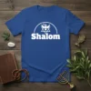 Blue t-shirt with white "Shalom" text, a dove with an olive branch, and a Star of David emblem above