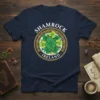 Shamrock Ireland T-Shirt design with a central cluster of green clovers within a gold and white circular border, text above