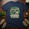 Shamrock Warriors Football Club t-shirt design featuring a leprechaun kicking a soccer ball within a Celtic knot and shamrock border
