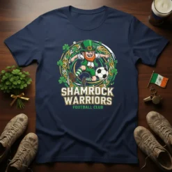 Shamrock Warriors Football Club t-shirt design featuring a leprechaun kicking a soccer ball within a Celtic knot and shamrock border