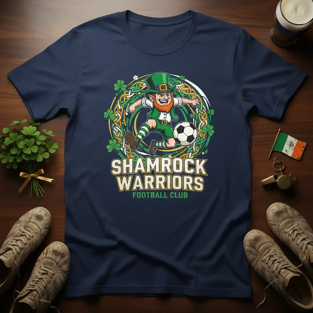 Shamrock Warriors Football Club design with a leprechaun playing soccer, surrounded by Celtic knots and shamrocks