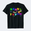 Shana Tovah t-shirt with colorful letters, shofar, apple, bee, pomegranate, and Star of David graphic for Rosh Hashanah