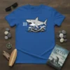 Shark attack graphic t-shirt featuring a grey shark leaping from waves with sound waves emanating from its mouth