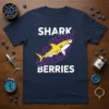 Navy blue t-shirt with "Shark Berries" text and a yellow shark swimming through blueberries design