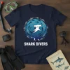 Shark Divers T-Shirt design with divers and sharks in a circular pattern, featuring a hammerhead shark in the center