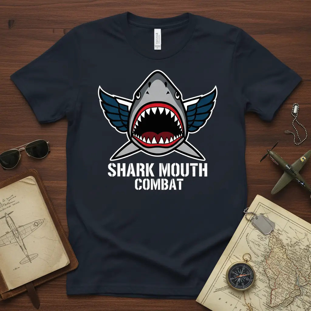 Shark Mouth Combat text and fierce shark head graphic with pilot wings on a navy t-shirt