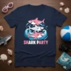 Shark Party t-shirt design featuring three cartoon sharks swimming in blue waves, with pink and grey sharks
