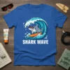 Shark Wave t-shirt design featuring a cartoon shark in sunglasses surfing a big blue wave