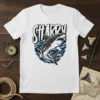 SHARRY shark graphic t-shirt with text "SHARRY" above a detailed shark illustration in blue ocean waves