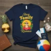 Shay Family Reunion 2022 t-shirt design with a smiling sloth holding a pineapple drink, tropical leaves, hibiscus flowers, and the