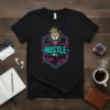 Black t-shirt with "She Got Mad Hustle And A Dope Soul" text and a crowned lion graphic in neon pink
