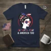She Loves Jesus & America Too t-shirt design with a woman wearing American flag heart sunglasses and bandana