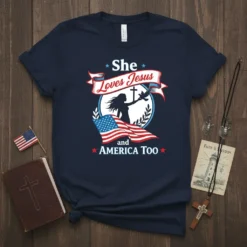 She Loves Jesus and America Too text with a silhouette of a woman holding a cross and a dove, alongside