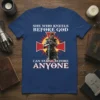 She Who Kneels Before God Can Stand Before Anyone quote on a navy t-shirt featuring a knight kneeling before a