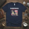 Sheepdog Society t-shirt design with a German Shepherd standing before the American flag, representing dog owners