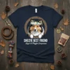Sheltie Best Friend Loyal & Playful Companion t-shirt design featuring a Sheltie dog wearing a flower crown inside a decorative