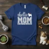 Sheltie MOM t-shirt design featuring white typography and a small red heart above a silhouette of a Sheltie dog