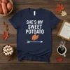 She's My Sweet Potato matching couple t-shirt design with two sweet potato graphics and an arrow