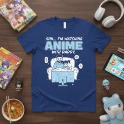 T-shirt with the text "SHH... I'M WATCHING ANIME WITH DADDY," featuring a father and daughter watching TV