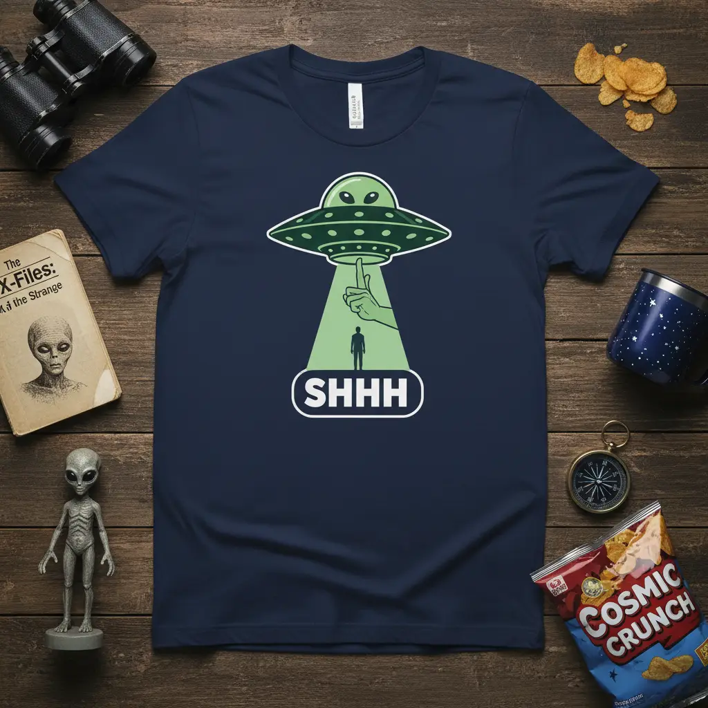 SHHH alien abduction t-shirt design with UFO and secret message graphic