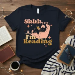 Shhh..... I'm Reading quote on a navy t-shirt, featuring a person reading in a chair with coffee and stars