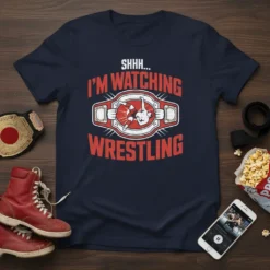 Navy blue t-shirt with bold red text "SHHH... I'M WATCHING WRESTLING" featuring a wrestling championship belt graphic