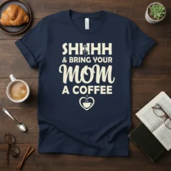 Navy t-shirt with white text: SHHHH & Bring Your Mom A Coffee, featuring a shushing finger icon and a coffee