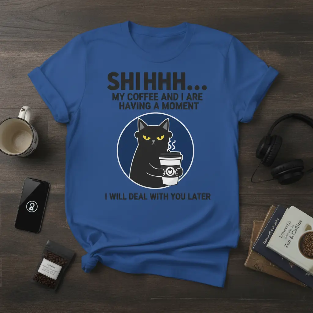 Black cat with coffee cup and text SHHHH... MY COFFEE AND I ARE HAVING A MOMENT I WILL DEAL WITH YOU LATER