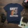 Shift Happens T-Shirt with crossed pistons, wrenches, and flames graphic