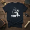 Shifty character in a hooded robe and mask holding keys and a money bag, with the word SHIFTY below on