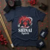SHINAI Spirit t-shirt design featuring two samurai warriors dueling with shinai swords, Japanese characters, and red circular graphic