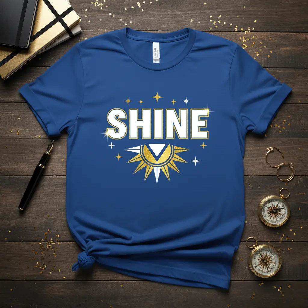 Bold white SHINE text with a golden sunburst graphic and scattered stars on a royal blue t-shirt