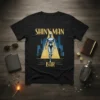 Shiny Man Bar t-shirt with retro futuristic robot graphic and cityscape