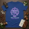 Shiva Nataarda Cosmic Dancer T-Shirt featuring Lord Shiva in a dynamic dance pose within a flaming circle, text below reads