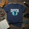 Shock t-shirt design with white "SHOCK" text and a blue profile head surrounded by yellow lightning bolts