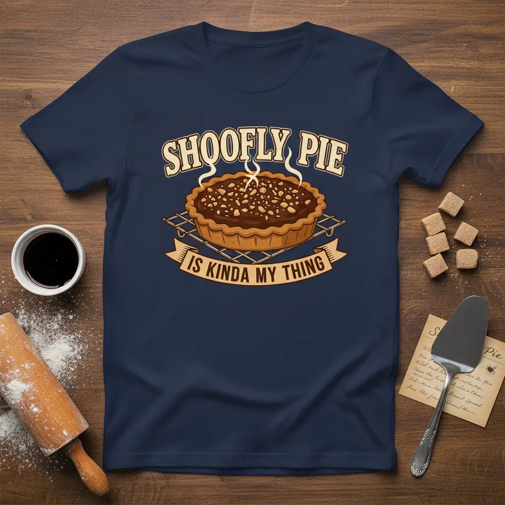 Shoofly Pie Is Kinda My Thing quote displayed with a graphic of a warm, inviting shoofly pie on a cooling rack